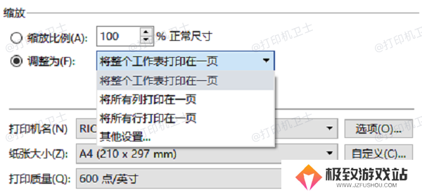 在打印设置中调整尺寸